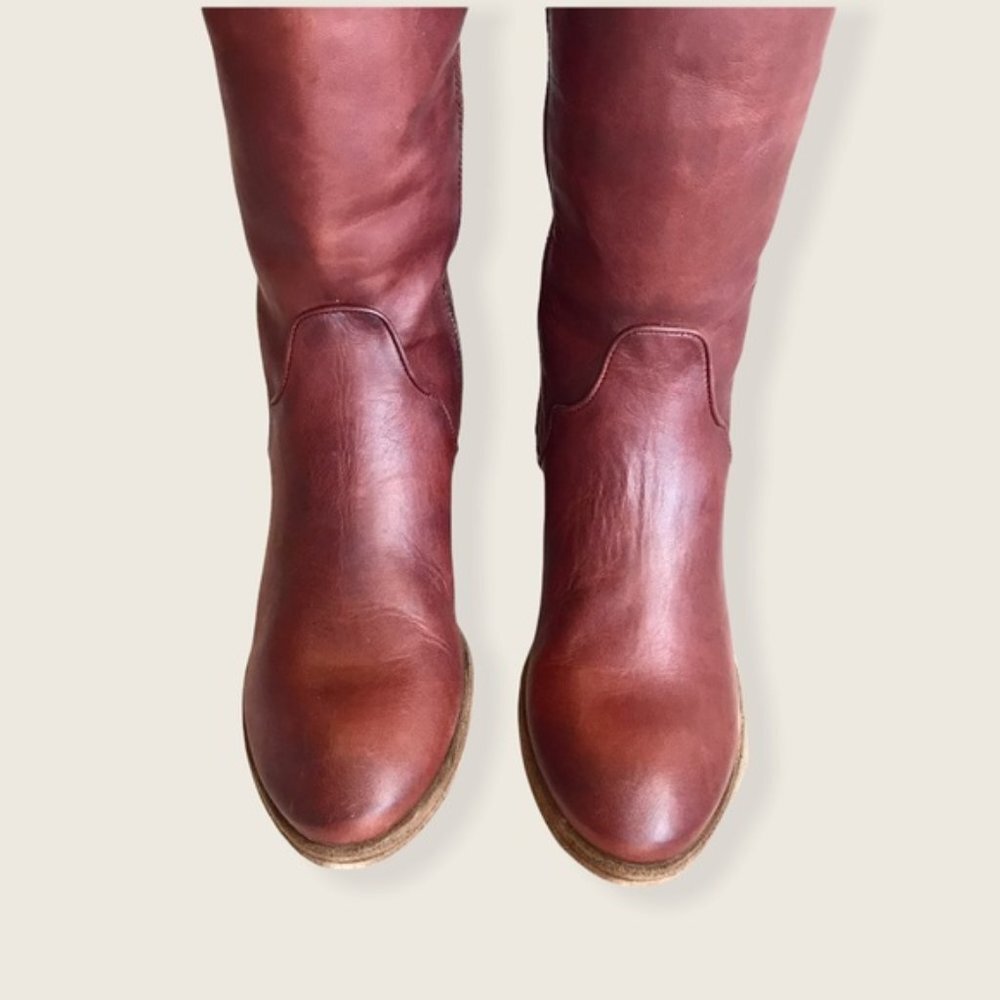 $429 Frye Carson Piping Redwood Mahogany Brown Real Leather Tall Riding Boot - Picture 10 of 13